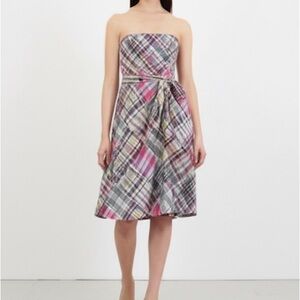 Y2K American Eagle Strapless Madras Plaid Patchwork Midi- Knee Length Dress